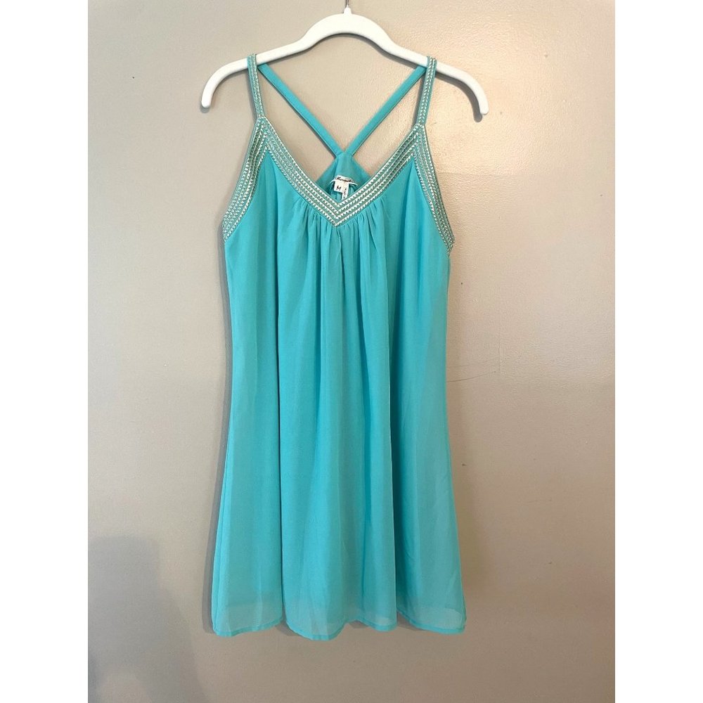 MARINEBLU NWT egyptian boho Teal Chiffon Spaghetti Strap V-neck  Gold Embroidery